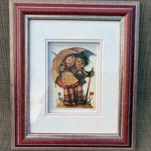 VINTAGE M.I. Hummel 3D Rust Red Frame Art “Stormy Weather” “Under The Umbrella”